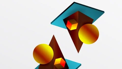 Abstract design showcasing isometric cubes, pyramids, squares, and spheres in a Stock Illustration