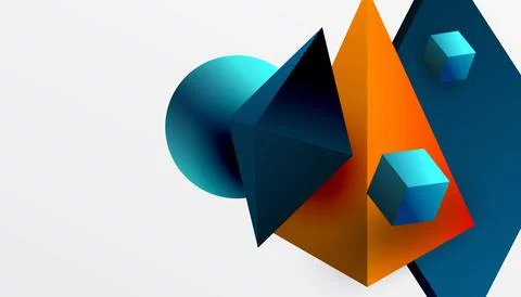 Abstract design showcasing isometric cubes, pyramids, squares, and spheres in a Stock Illustration