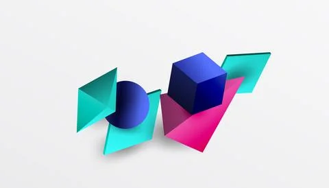 Abstract design showcasing isometric cubes, pyramids, squares, and spheres .. Stock Illustration