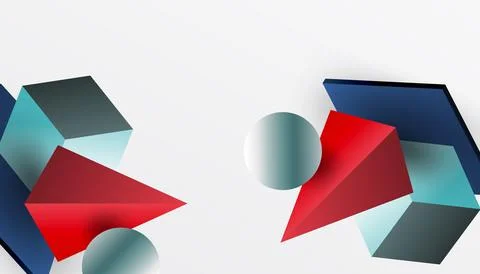 Abstract design showcasing isometric cubes, pyramids, squares, and spheres .. Stock Illustration