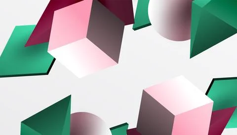 Abstract design showcasing isometric cubes, pyramids, squares, and spheres in a Stock Illustration