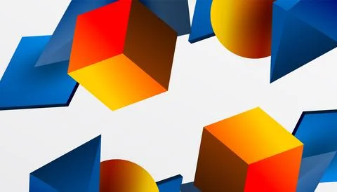 Abstract design showcasing isometric cubes, pyramids, squares, and spheres in a Stock Illustration