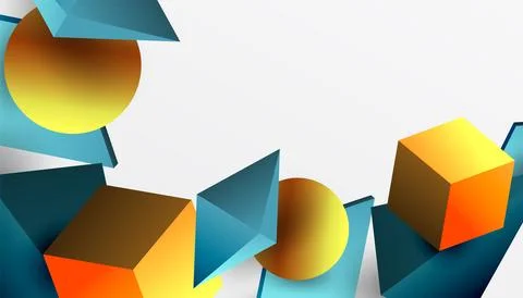 Abstract design showcasing isometric cubes, pyramids, squares, and spheres in a Stock Illustration
