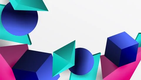 Abstract design showcasing isometric cubes, pyramids, squares, and spheres in Stock Illustration