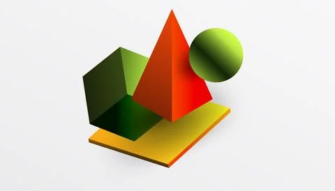 Abstract design showcasing isometric cubes, pyramids, squares, and spheres in a Stock Illustration