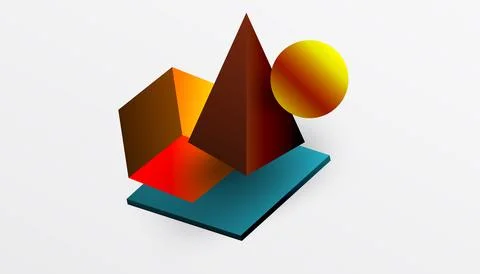 Abstract design showcasing isometric cubes, pyramids, squares, and spheres in a Stock Illustration