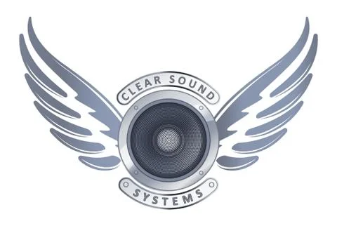 Abstract design with speaker. wings and captions Clear sound systems for logo Stock Illustration