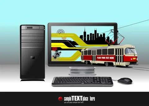 Abstract desktop computer with modern red tram imge. Colored Vector Illustrazione stock