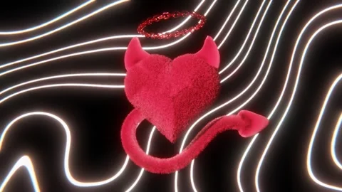 Abstract devil red heart with chains character and white neon waves Stock Footage 252078401
