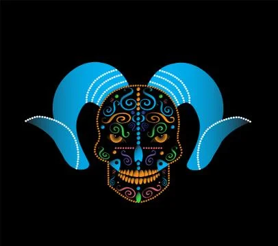Abstract Devils head with horns and ornament details blue Stock Illustration