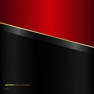 Abstract diagonal black and red template background with golden lines and hex Stock Illustration