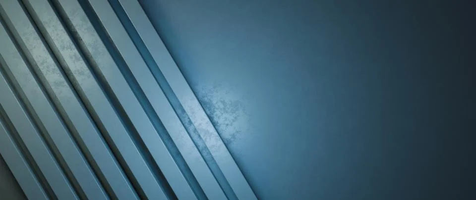 Abstract Diagonal Parallel Light Blue Metal Bars in Studio with Dark Blue G.. Foto stock