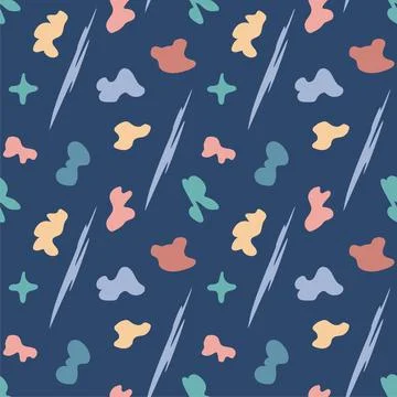 Abstract different multicolored spots pattern on blue background. Seamless ve Stock Illustration