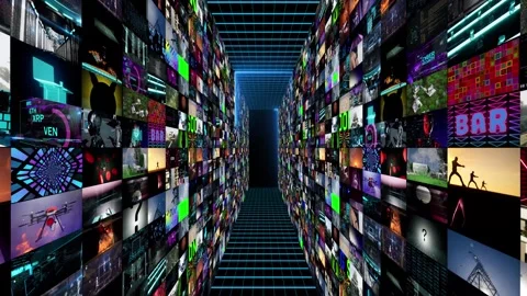 Abstract digital 3d animation with two walls of video montages and neon glow Stock Footage 308392106