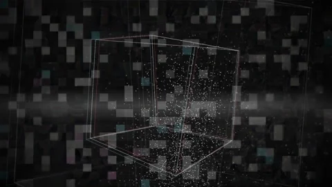 Abstract digital 3D cube rotating in a dark cyberspace with floating data Видео 341833225