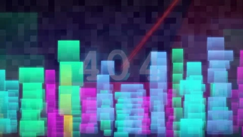 Abstract Digital 404 Error Page with Animated Neon Cubes and Glitchy Data Stockbeeldmateriaal 341827194