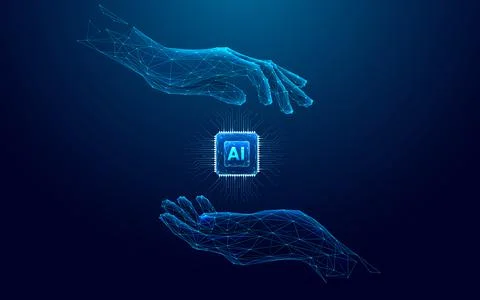 Abstract digital AI chip between human tech wireframe palms Stock-Illustration