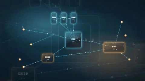 Abstract Digital Animation of Computer Processor Architecture with Data Flow Stock Footage 343445971