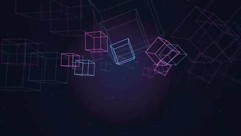 Abstract Digital Animation of Floating Neon Wireframe Cubes in Dark Cyberspace 库存影片 343428578
