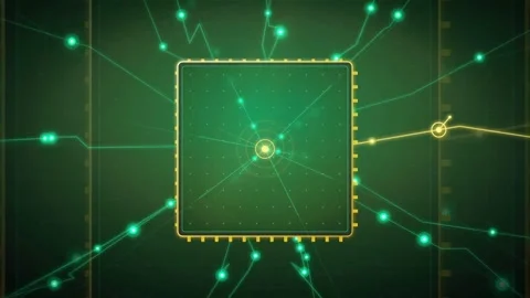 Abstract digital animation of a glowing computer processor chip with flowing Video stock 343151440