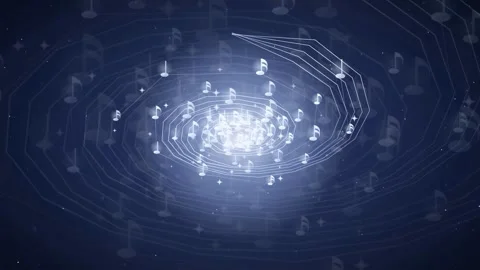 Abstract digital animation of glowing musical notes swirling in a cosmic blue Stock-Footage 343859530