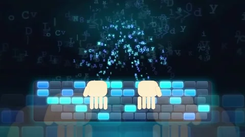 Abstract digital animation of hands typing on a keyboard with floating binary Stock Footage 341828828