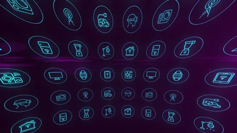 Abstract digital animation with many circle icons show modern devices. Bende Stock Footage 257892888