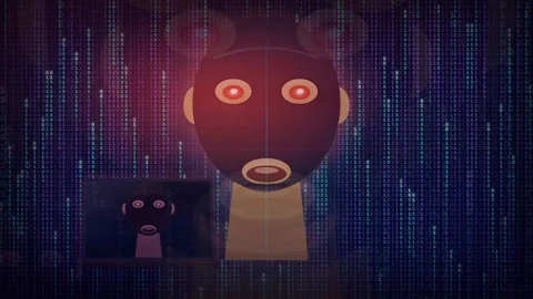 Abstract Digital Animation of a Stylized Robot Head with Falling Binary Code Video stock 343161580