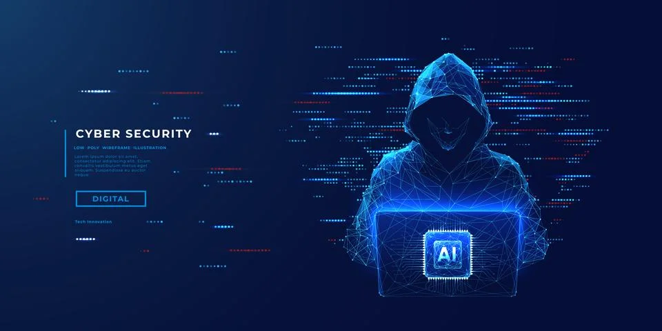 Abstract digital anonymous hacker with light blue laptop and AI chip Stock-Illustration