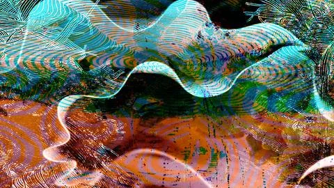 Abstract digital art background featuring vibrant flowing waves of blue, orange Stock Illustration