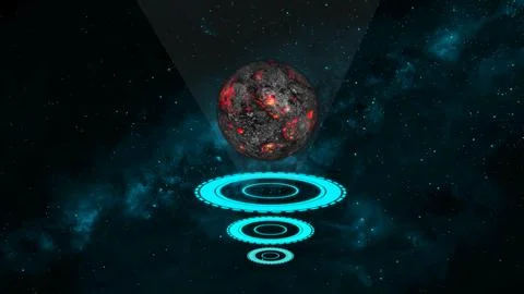 Abstract digital art featuring a glowing blue world map above concentric ci.. Ilustração Stock