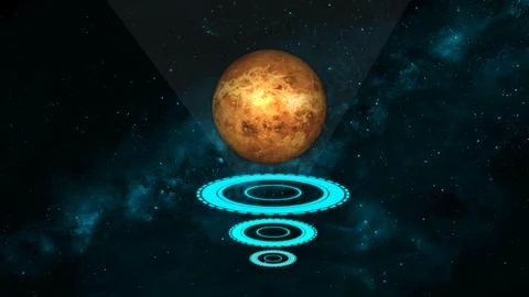 Abstract digital art featuring a glowing blue world map above concentric ci.. Ilustração Stock