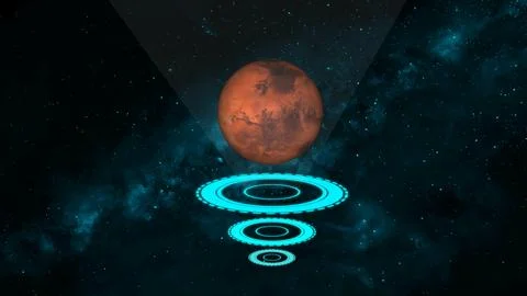 Abstract digital art featuring a glowing blue world map above concentric ci.. Ilustração Stock