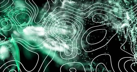 Abstract digital art featuring swirling teal particle clouds, white contours, Stock Illustration