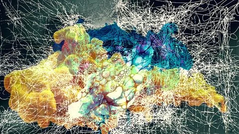 Abstract digital artwork featuring chaotic white scribble patterns overlaid on v Stock Illustration