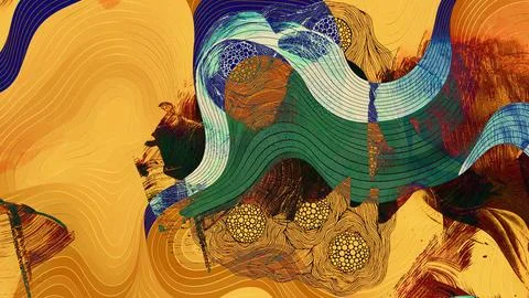 Abstract digital artwork featuring flowing wave lines, vibrant gold, green, and Stock Illustration