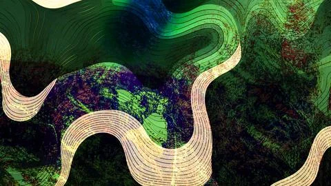 Abstract digital artwork featuring fluid wavy lines flowing over a textured dark Stock Illustration