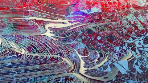 Abstract digital artwork featuring fluid dynamic lines, vibrant red, blue Stock Illustration