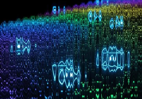 Abstract digital artwork featuring glowing architectural silhouettes and wa.. Ilustração Stock