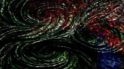 Abstract digital artwork featuring swirling patterns with vibrant red, green Stock Illustration