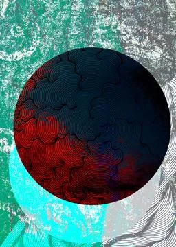 Abstract digital artwork featuring a textured celestial sphere with red and dark Stock Illustration