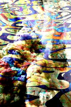 Abstract digital artwork featuring vibrant swirls of yellow, blue, red Stock Illustration