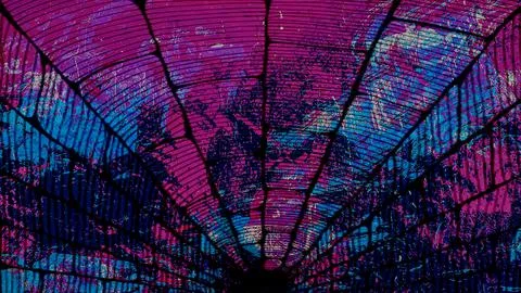 Abstract digital artwork featuring a vibrant spider web pattern with glowing Stock Illustration