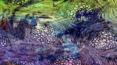 Abstract digital artwork featuring vibrant neon green, deep blue, and purple Stock Illustration