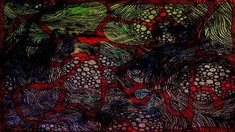 Abstract digital artwork featuring vibrant green, purple, and dark organic shape Stock Illustration