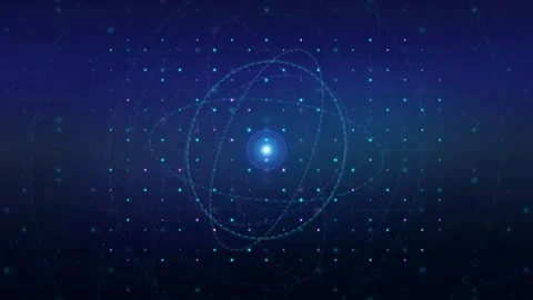 Abstract Digital Atom Model with Glowing Particles and Orbiting Electrons on Stock Footage 340391470