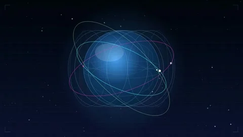 Abstract Digital Atom Model with Glowing Electrons Orbiting a Central Core on Stock Footage 346217387
