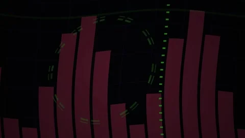 Abstract Digital Audio Visualizer with Pulsing Red Bars and Floating Data P.. Stock Footage 340488674