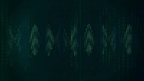 Abstract Digital Audio Waveform with Glowing Binary Code Particles on Dark Blue Stock Footage 339326017