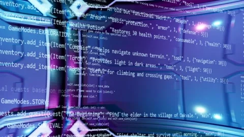 Abstract digital background with animated cyberpunk walls and fast programmi Video stock 333629635